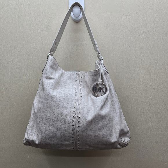 Michael Kors Handbags - Michael Kors Signature Astor Studded Hobo Bag Shoulder Bag Beige Stain